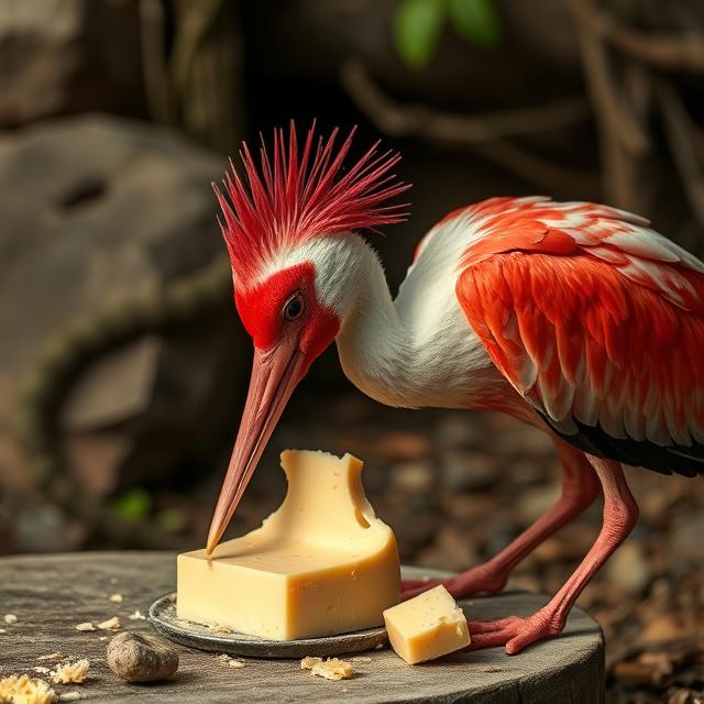 Picture crested ibis eating cheese